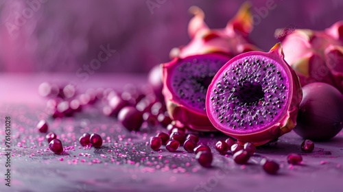  a couple of pieces of fruit sitting on top of a purple surface with drops of water on top of it.