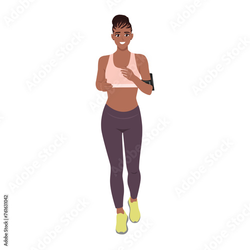 Beautiful young woman running jogging front view. Flat Vector Illustration Isolated on White Background