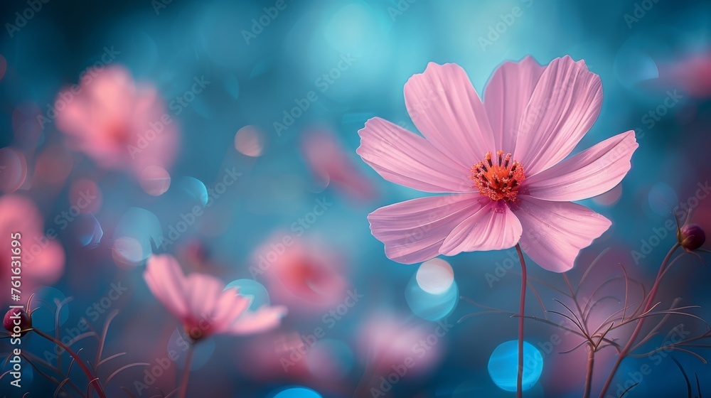  a close up of a pink flower on a blue background with blurry boke of lights in the background.