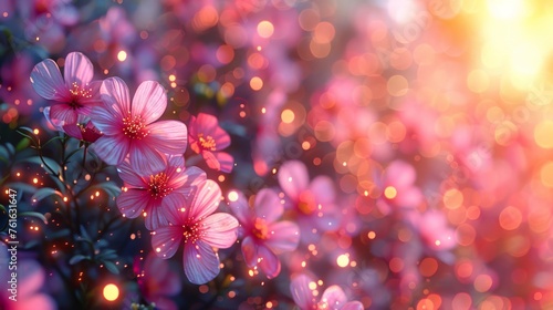  a close up of pink flowers with a blurry background of the sun in the background and a blurry boke of pink flowers in the foreground.