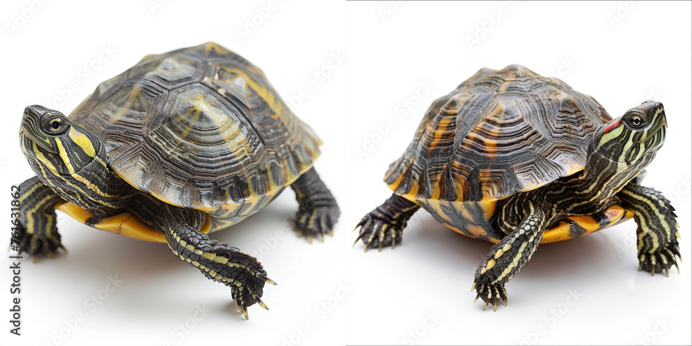 Obraz premium A detailed image of a red-eared slider turtle, commonly kept as a pet, against a white backdrop.