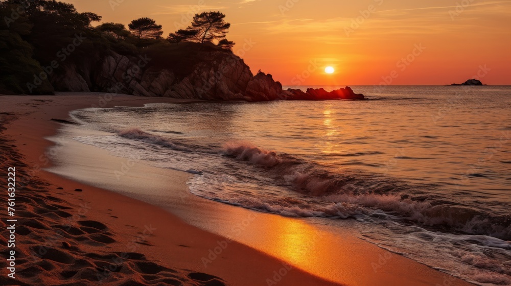 Secluded beach at sunrise with fiery sky and sea
