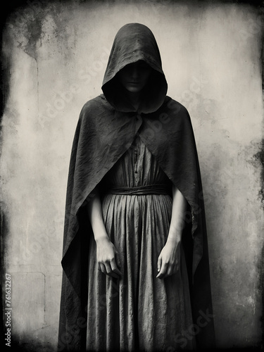 mysterious woman with black cloak and old wall antique photo style