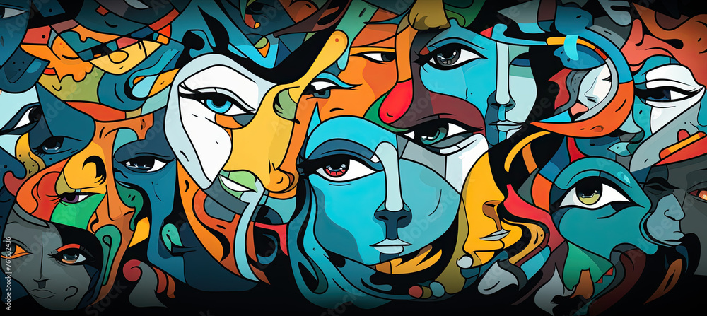 Abstract background with faces collage black and white and colours elements, psychology, stress wallpaper illustration