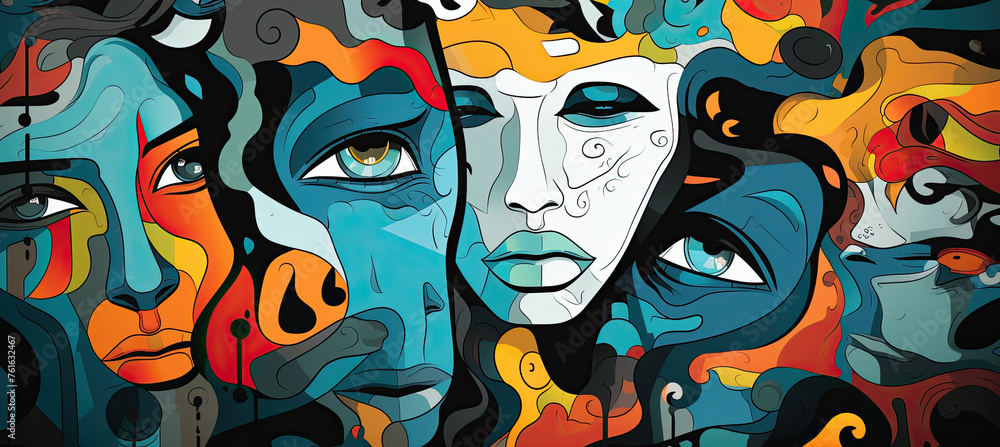 Obraz premium Abstract background with faces collage black and white and colours elements, psychology, stress wallpaper illustration