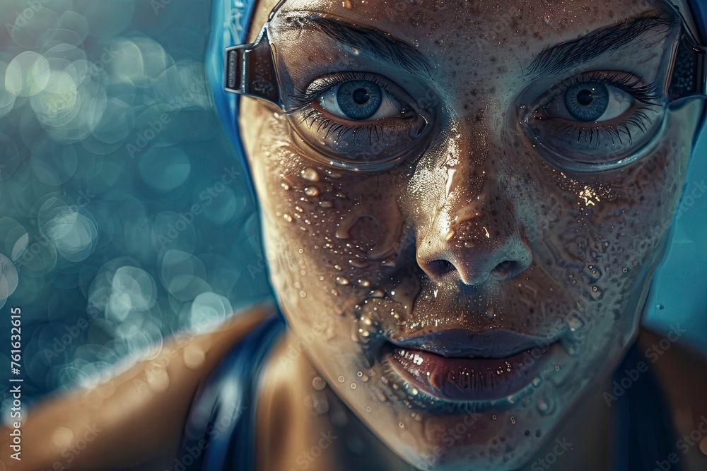 Swimmer woman with wet hair and a blue swimsuit Swimmer woman with wet hair and a blue swimsuit
