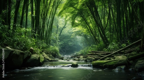 Remote river with lush bamboo forests and sky