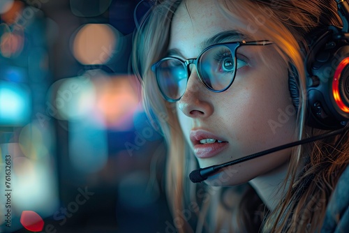 Gamer woman wearing glasses and a headset is looking at a computer screen
