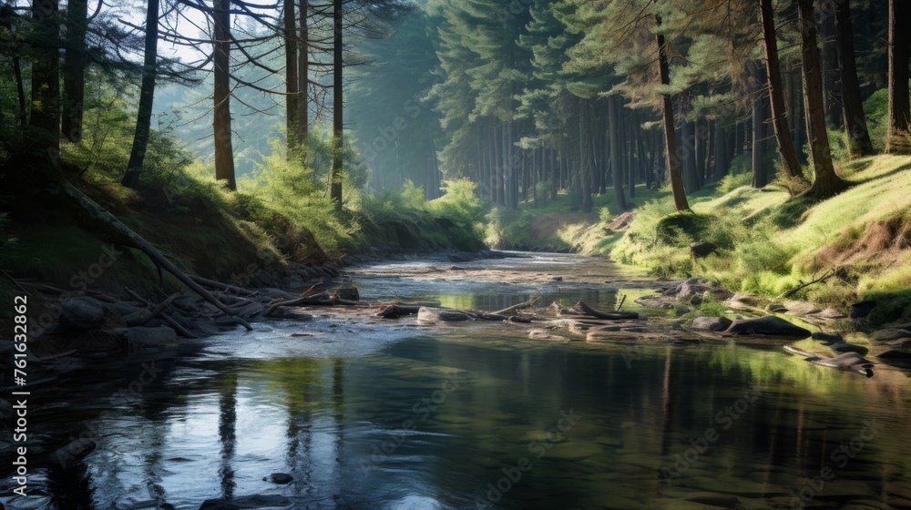 Peaceful river flowing through pine trees