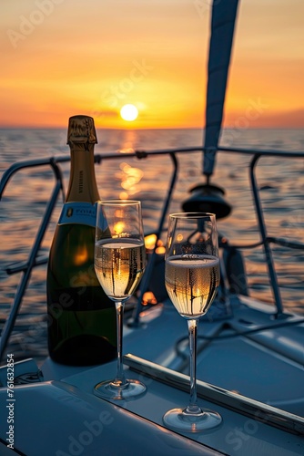 A bottle of champagne and two wine glasses are on a boat at sunset
