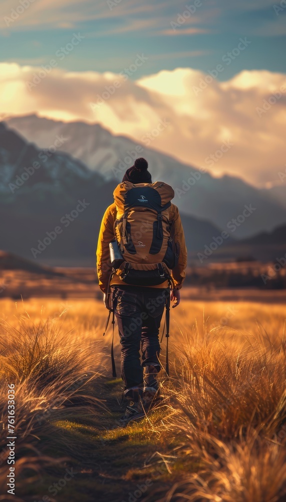 Middle aged man hiking in mountain landscape outdoor adventure exploration and motivation Middle aged man hiking in mountain landscape outdoor adventure exploration and motivation