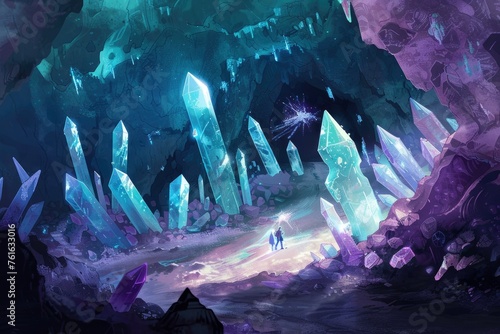A fantasy scene with a person standing in front of a large pile of blue crystals © Moon Story