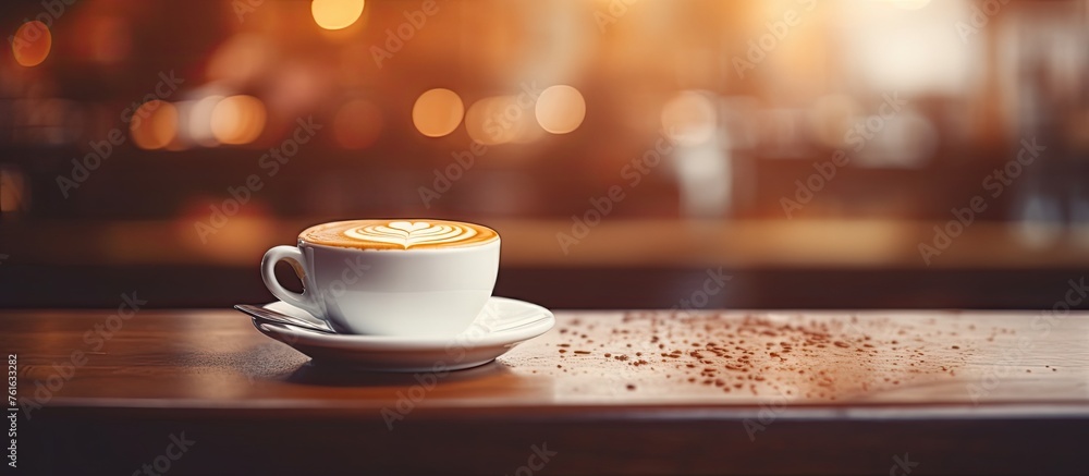 A Coffee cup filled with cappuccino is placed on a wooden table, surrounded by Tableware and Drinkware. The Saucer and Cup compliment the warm beverage, creating a cozy setting A Coffee cup filled with cappuccino is placed on a wooden table, surrounded by Tableware and Drinkware. The Saucer and Cup compliment the warm beverage, creating a cozy setting