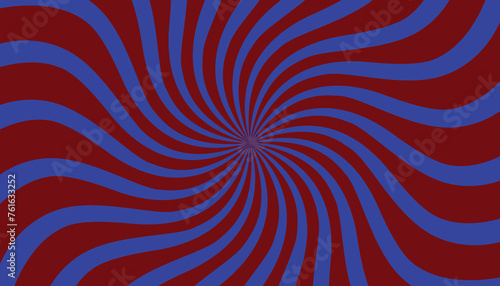Burgundy and blue swirl background. Vortex spiral rectangle. Rays of spiral rotation. Converging scalable stripes. Vector illustration.