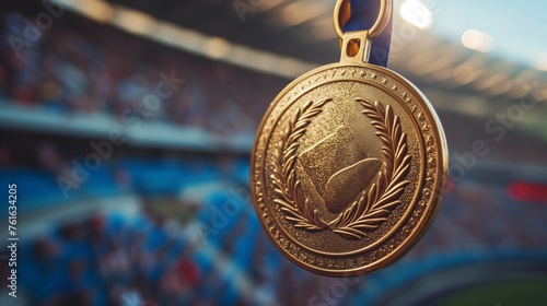 Champion's Glory: Close-Up of Engraved Gold Medal, generative ai © Matus