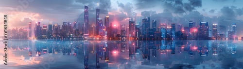 A city skyline stretches across the horizon, but in its reflection on a tranquil lake, another dimension is revealed - vibrant, futuristic, and full of unseen wonders 