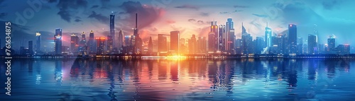 A city skyline stretches across the horizon, but in its reflection on a tranquil lake, another dimension is revealed - vibrant, futuristic, and full of unseen wonders 