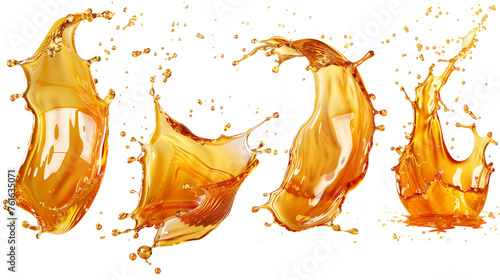 Splash of juice or yellow water isolated on transparent background. Realistic set of liquid waves of falling and flowing beer, orange, mango or lemon juice, oil, soda or honey