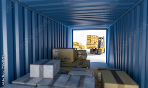 Cargo container interior with goods and forklift