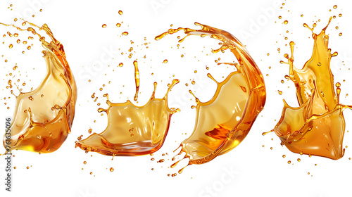 Splash of juice or yellow water isolated on transparent background. Realistic set of liquid waves of falling and flowing beer, orange, mango or lemon juice, oil, soda or honey