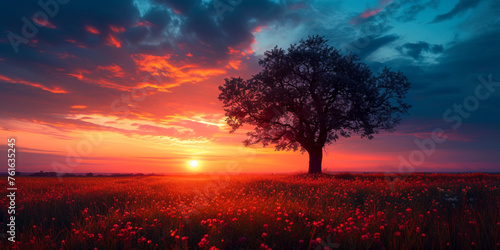 Solitary tree amidst vibrant flowers, bathed in golden sunset glow with dramatic clouds