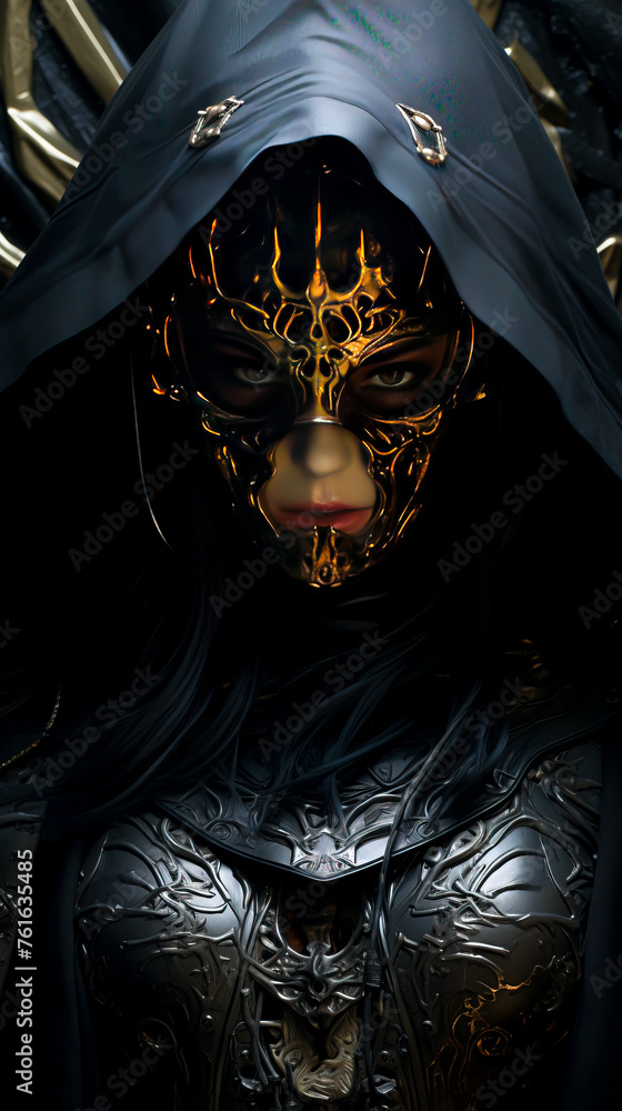 Mysterious Figure: Golden Masked Enchanter in Fiery Setting Mysterious Figure: Golden Masked Enchanter in Fiery Setting