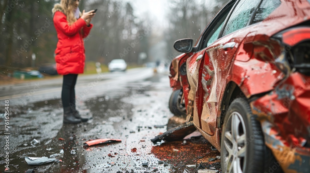 A woman in a red coat calls for help beside her badly damaged car, strewn car parts on a wet road