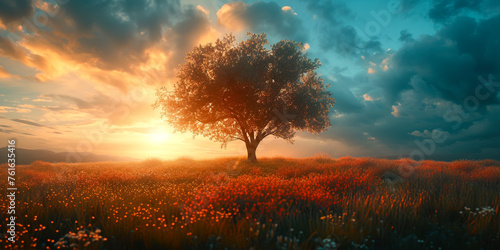 Solitary tree basks in sunset glow amid vibrant flowers © Fernando Cortés