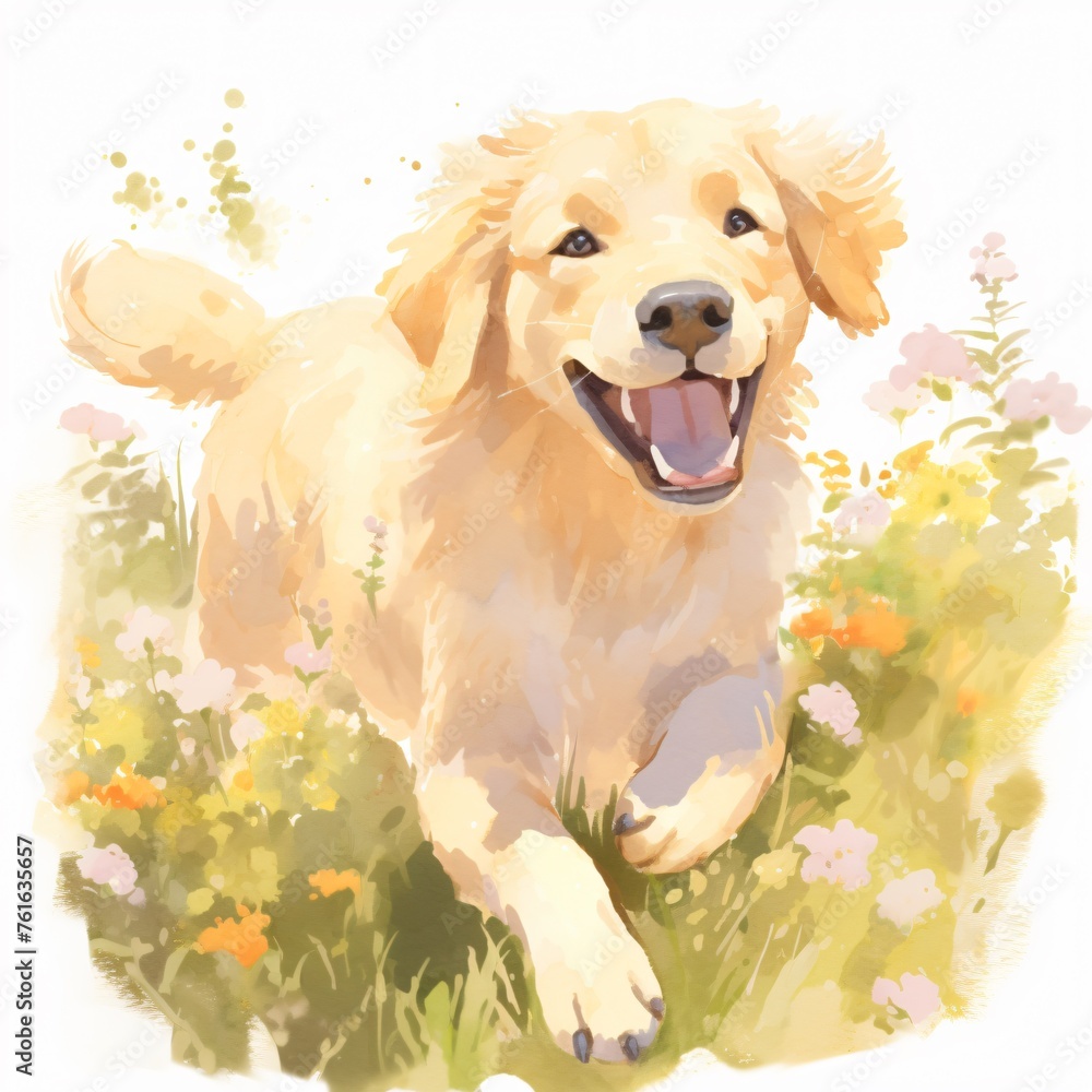 Puppy gently frolicking through a meadow of wildflowers its fur catching the golden sunlight Puppy gently frolicking through a meadow of wildflowers its fur catching the golden sunlight