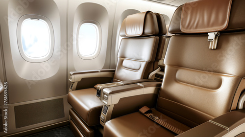 Premium leather seats in an airplane's business class cabin, showcasing comfort and luxury at high altitude