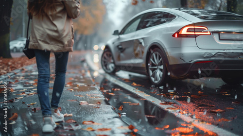 Mysterious ambiance as a woman observes the aftermath of a car crash on a wet city street with falling leaves photo