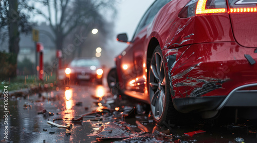A detailed view of a red car's damaged rear end after an accident on a wet urban road with glimmering lights