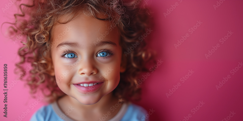 Banner with cute small girl with copyspace over deep pink background. Shallow depth of field. Banner with cute small girl with copyspace over deep pink background. Shallow depth of field.