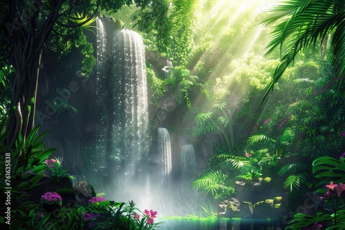 A lush green jungle with a waterfall and a stream
