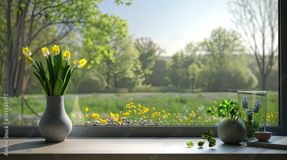 spring on the window sill, featuring a modern window with a view of a vibrant spring field in the yard, ensuring realistic photography in light colors. - obrazy, fototapety, plakaty 