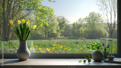spring on the window sill, featuring a modern window with a view of a vibrant spring field in the yard, ensuring realistic photography in light colors. © lililia