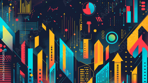 Vibrant, abstract illustration of a futuristic cityscape with dynamic shapes and neon colors