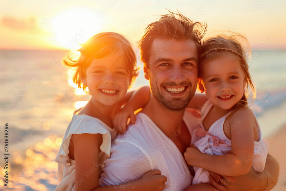 Father on vacation with two young children smiling with sunset Father on vacation with two young children smiling with sunset