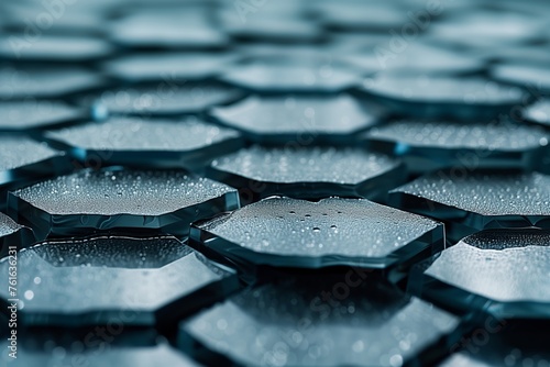 Abstract hexagonal shapes of a solar panel with droplets, showcasing the waterproof and technological aspects of renewable energy sources. Patterned view of water droplets on solar panel cells,