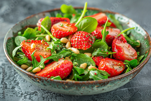 Salad of green asparagus, rocket, strawberries and pine nuts