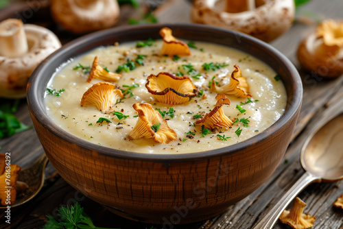 Soup bowl of cream of chanterelle soup, spoon and chanterelles on dark wood