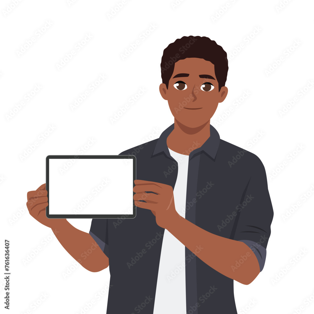 Young black man holding digital tablet, showing screen with blank copy space. Flat Vector Illustration Isolated on White Background