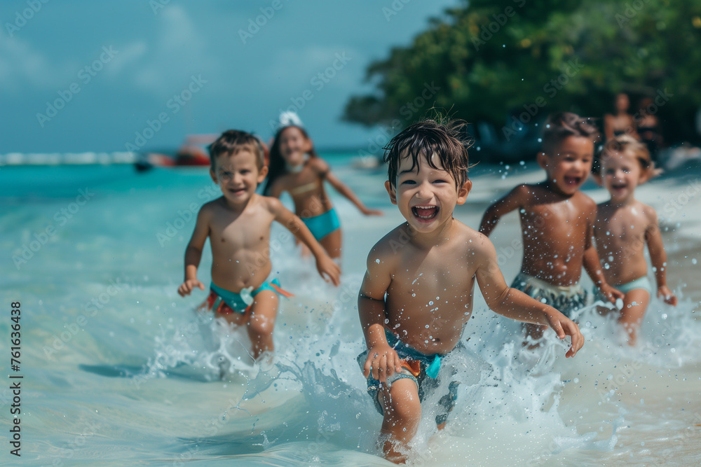 Diverse boys and girls friends running and playing in sea water on tropical beach together on summer vacation. Happy children kid enjoy and fun outdoor lifestyle on beach holiday (2) Diverse boys and girls friends running and playing in sea water on tropical beach together on summer vacation. Happy children kid enjoy and fun outdoor lifestyle on beach holiday (2)