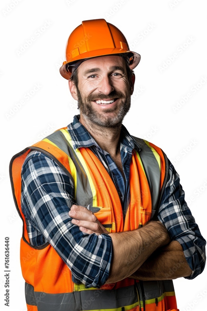 Portrait of smiling male worker wearing orange vest and orange helmet isolated on white background. Portrait of smiling male worker wearing orange vest and orange helmet isolated on white background.