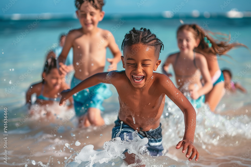 Diverse boys and girls friends running and playing in sea water on tropical beach together on summer vacation. Happy children kid enjoy and fun outdoor lifestyle on beach holiday (5)