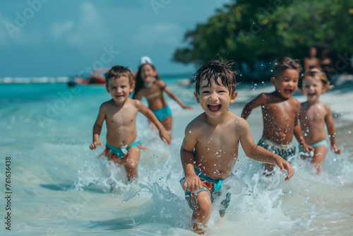 Diverse boys and girls friends running and playing in sea water on tropical beach together on summer vacation. Happy children kid enjoy and fun outdoor lifestyle on beach holiday (2) © Visual Craft