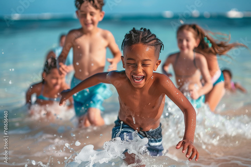 Diverse boys and girls friends running and playing in sea water on tropical beach together on summer vacation. Happy children kid enjoy and fun outdoor lifestyle on beach holiday  5 