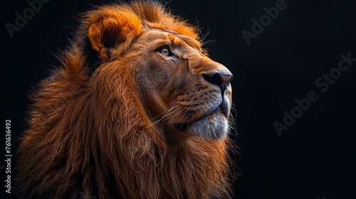 Portrait lion on the black. Detail face lion. Hight quality portrait lion. Portrait from animal