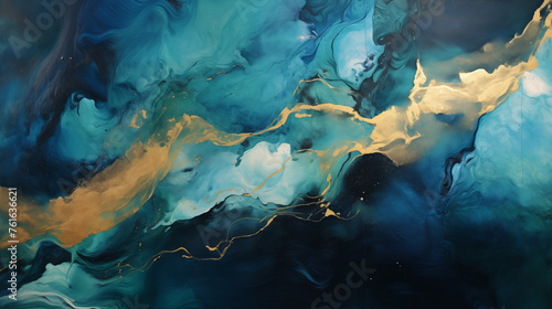 Blue and Gold Marble Abstract Fluid Art
