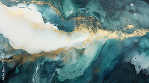 Teal Waves and Golden Dust Abstract Painting